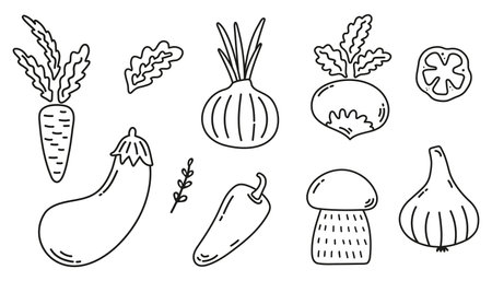 Hand drawn black vegetables set design elementsのイラスト素材