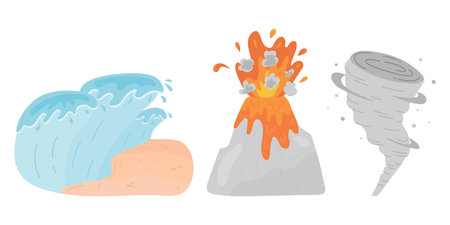 Hurricane, tsunami, eruption disaster vector setのイラスト素材