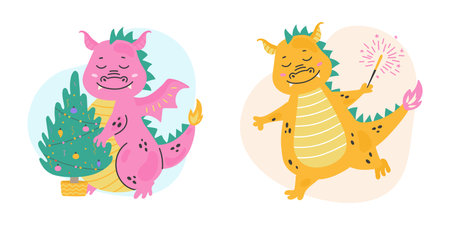 Card of Christmas and New year cute dragonのイラスト素材