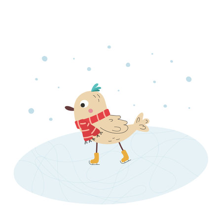 Little cute cartoon bird with scarf on ice skatesのイラスト素材