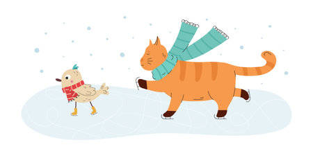 Cute friendly cat and bird Ice skating togetherのイラスト素材