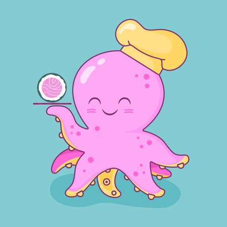Cute pink octopus with sushi rolls iconのイラスト素材