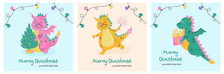Christmas and New year cute dragon cardsのイラスト素材