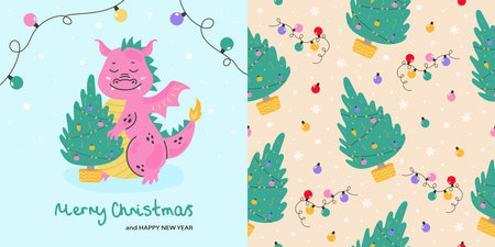 Merry Christmas cute dragon with christmas treeのイラスト素材