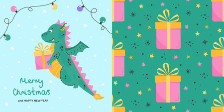 Cute dragon with gifts card and seamless patternのイラスト素材