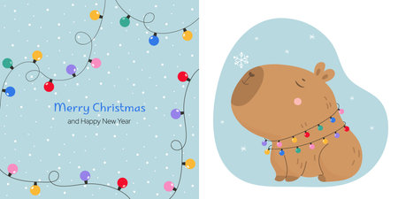 Cute cartoon capybara and garland with lamps cardのイラスト素材