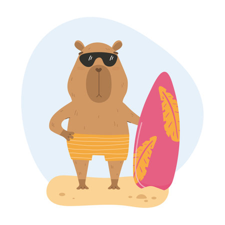 Funny capybara with surf board on a sand beachのイラスト素材