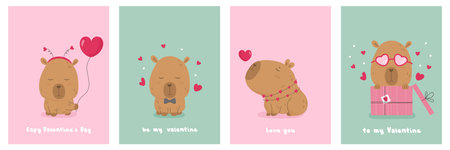 Valentine Day card set with cute lovely capybaraのイラスト素材