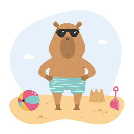 Cute capybara on the beach summer illustrationのイラスト素材