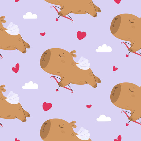 Seamless pattern with funny cupid capybaraのイラスト素材