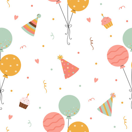 Fun pattern with cakes, hats, balloons, confettiのイラスト素材