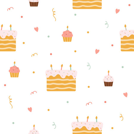 Pattern with birthday cakes, cupcakes and confettiのイラスト素材