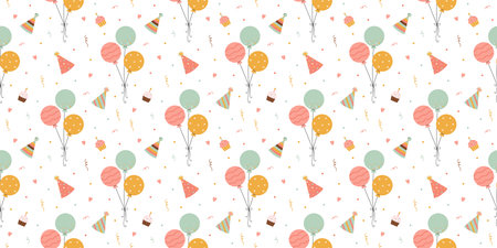 Fun pattern with cakes, hats, balloons, confetti