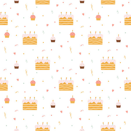 Pattern with birthday cakes, cupcakes and confettiのイラスト素材