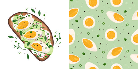 Tasty bruschetta and pattern with boiled eggsのイラスト素材