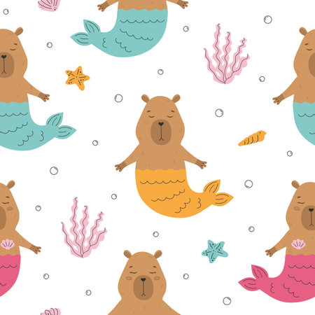 Seamless pattern with capybaras with mermaid tailのイラスト素材