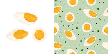 Seamless pattern with boiled egg slices and halvesのイラスト素材