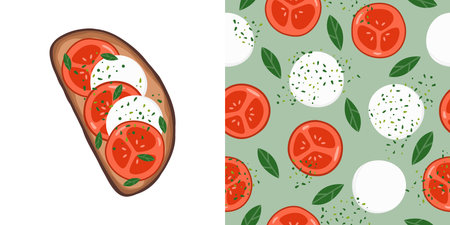 Caprese salad seamless pattern and summer toastのイラスト素材