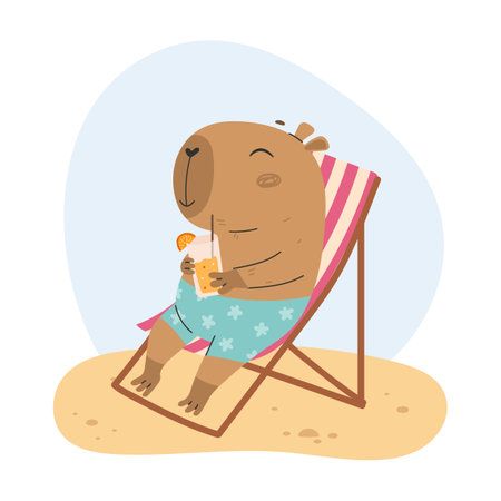 Capybara with orange juice sunbathing on the beachのイラスト素材