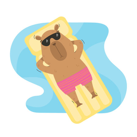 Funny capybara lying on floating air mattressのイラスト素材