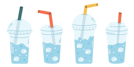 Water with ice in plastic glasses vector setのイラスト素材