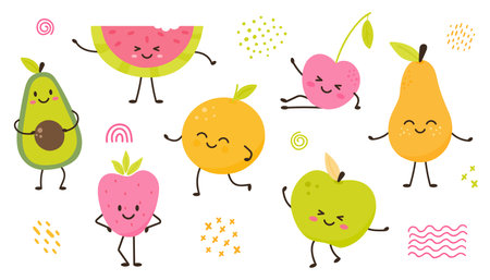 Set of hand drawn cute fruits in kawaii styleのイラスト素材