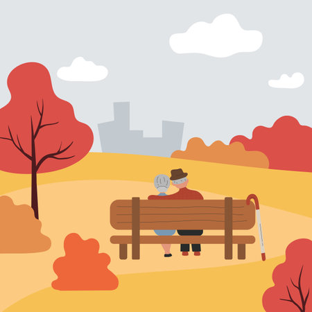Senior couple sitting on bench in a city parkのイラスト素材