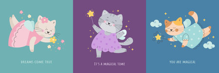 Cute fairy tale cat with wings magic poster setのイラスト素材