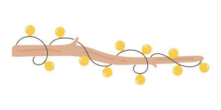 Christmas wooden tree branch with light bulbsのイラスト素材