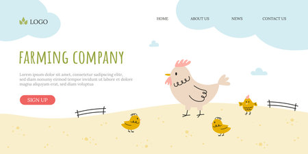 Farming banner with chicken and little chicksのイラスト素材