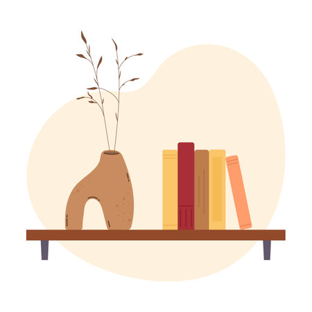 Bookshelf with books and plant in ceramic vaseのイラスト素材