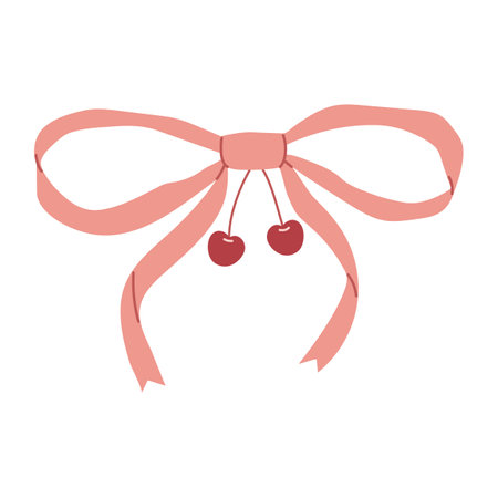 Trendy vintage pink ribbon bow with cherriesのイラスト素材