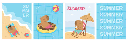 Summer posters set with funny capybaraのイラスト素材