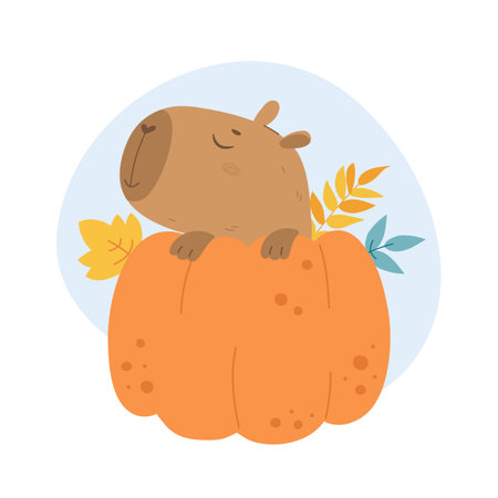 Autumn animal capybara with pumpkin and leavesのイラスト素材