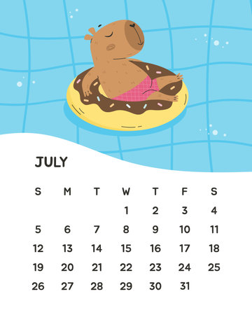 July summer month calendar with funny capybaraのイラスト素材