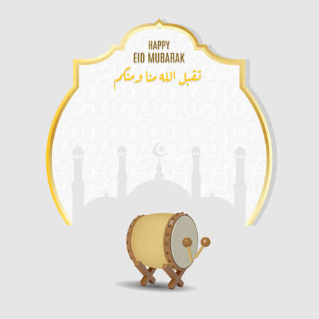 happy eid mubarak with traditional bedug and mosque silhouette, vector illustrationのイラスト素材