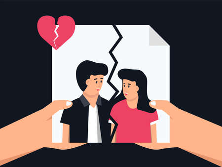 A couple cry due to a broken heart. Couple in disagreement at end of friendly relations.Upset and depressed concept. Flat cartoon vector illustrationのイラスト素材