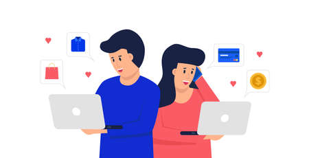 Couple spending time together with gadgets. Shoppers buying on internet sale flat illustration. Online store. discount, cashless and contactless payment concept.のイラスト素材