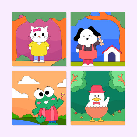 Cute Animals Social Media Template Collection Set. Able to use for social media posts, cover, brochure, banners design, web or internet ads.のイラスト素材