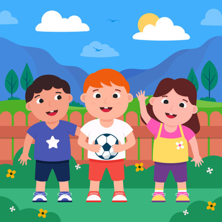 Three kids standing in a garden with a mountain in the background.のイラスト素材