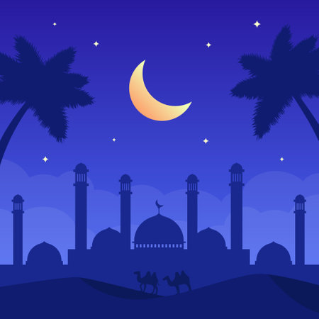 A blue night scene with a mosque and palm trees. Square Background for Social Media Post, Moslem Festival and Ramadhan Celebrationのイラスト素材