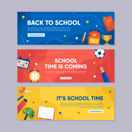 Back To School Horizontal Banners Template Collection Set. School Time Announcement or Advertisement Eventのイラスト素材
