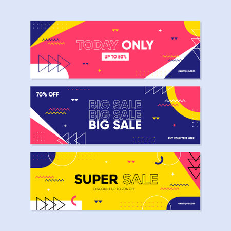 Abstract Colorful Memphis Horizontal Banner. Trendy geometric abstract banner template for promotion flash sale, or advertisement.のイラスト素材