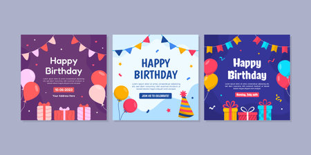 Birthday Celebration Social Media Post Template Collection Set. Able to use for mobile apps, banners design, web or internet ads.のイラスト素材