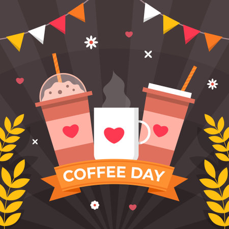 International Coffee Day Celebration with Square Layout for Social Media Post, Background, or Banner Presentation.のイラスト素材