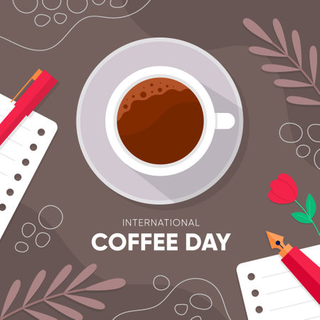 International Coffee Day Celebration with Square Layout for Social Media Post, Background, or Banner Presentation.のイラスト素材