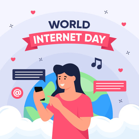 Woman using Smartphone Illustration Concept. World Internet Day Celebration for Social Media Post or Bannerのイラスト素材