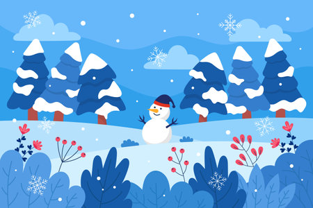 Winter Season Leaves and Snowman with Scenery Background for Wallpaper or Presentationのイラスト素材