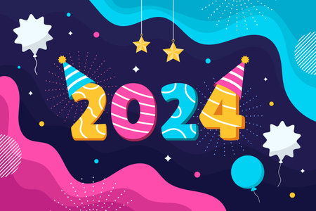New Year Celebration Party Background Template with Balloons and Fireworks for Website, Banner, or Social Mediaのイラスト素材