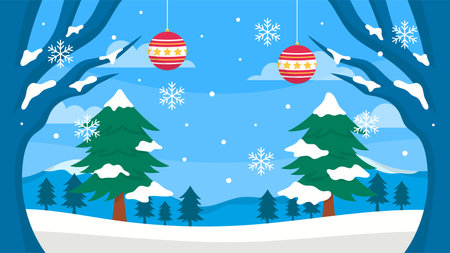 Winter Season Trees and Mountain Scenery Background for Wallpaper or Presentationのイラスト素材